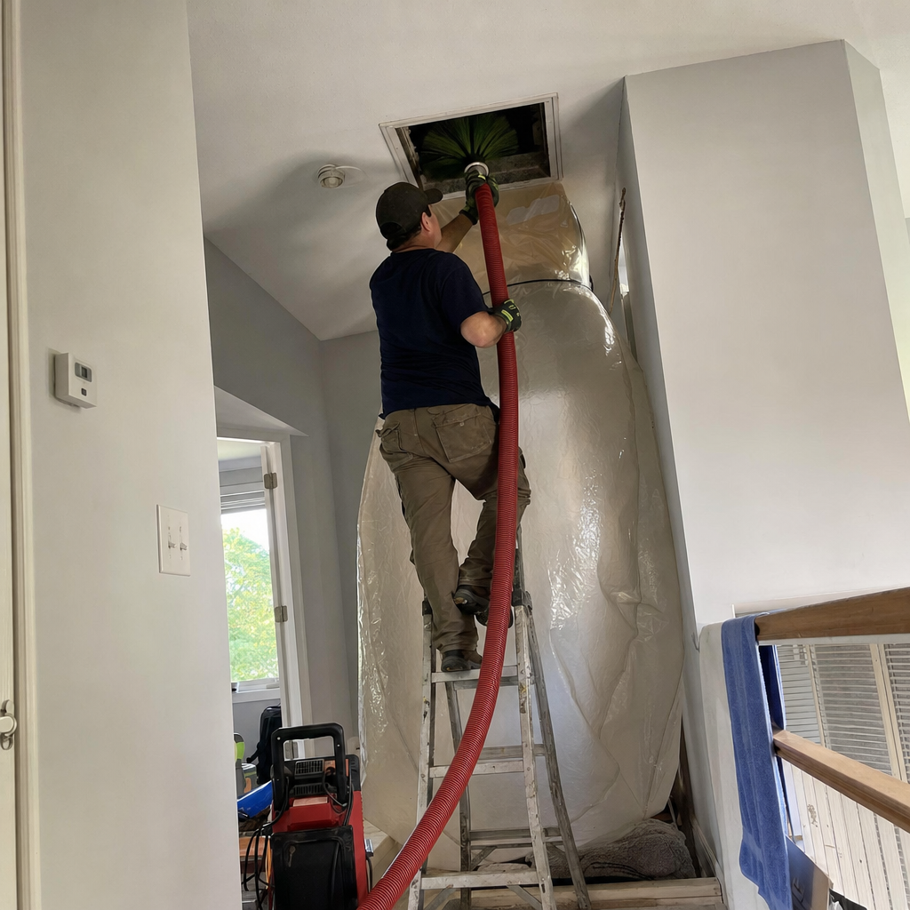 Technician performing professional air duct cleaning with rotating brush tool