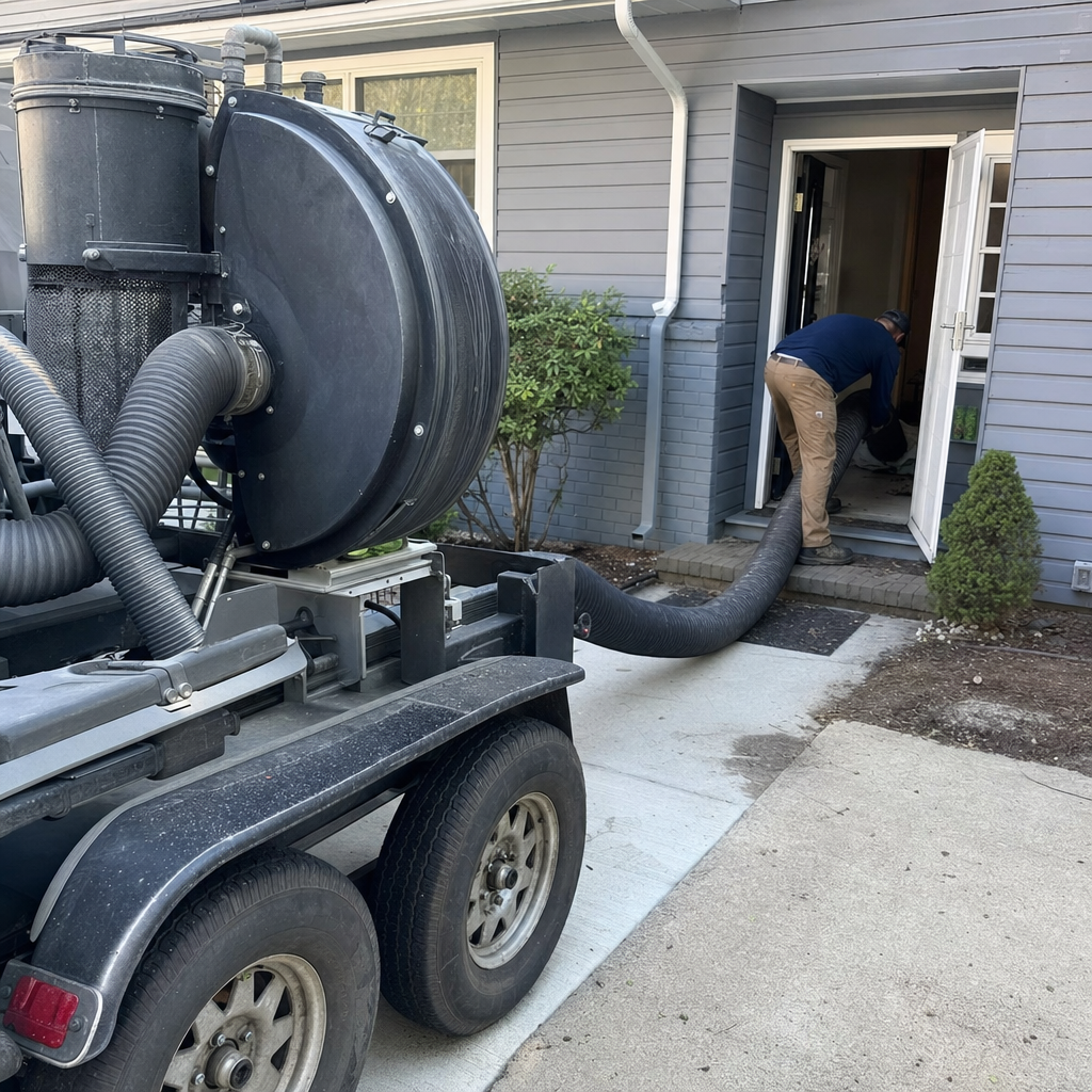 Professional air duct cleaning technician using industrial vacuum equipment on a home