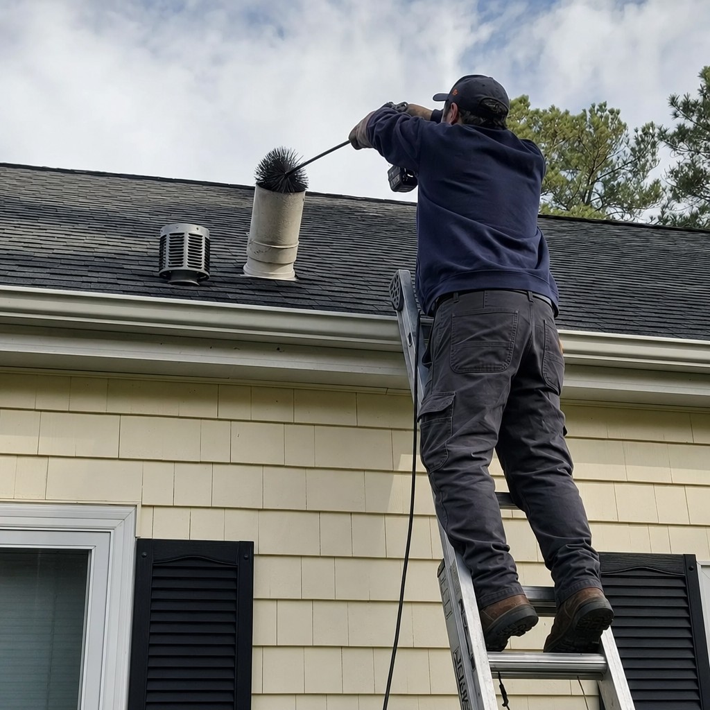 Professional technician cleaning residential dryer vent from the roof