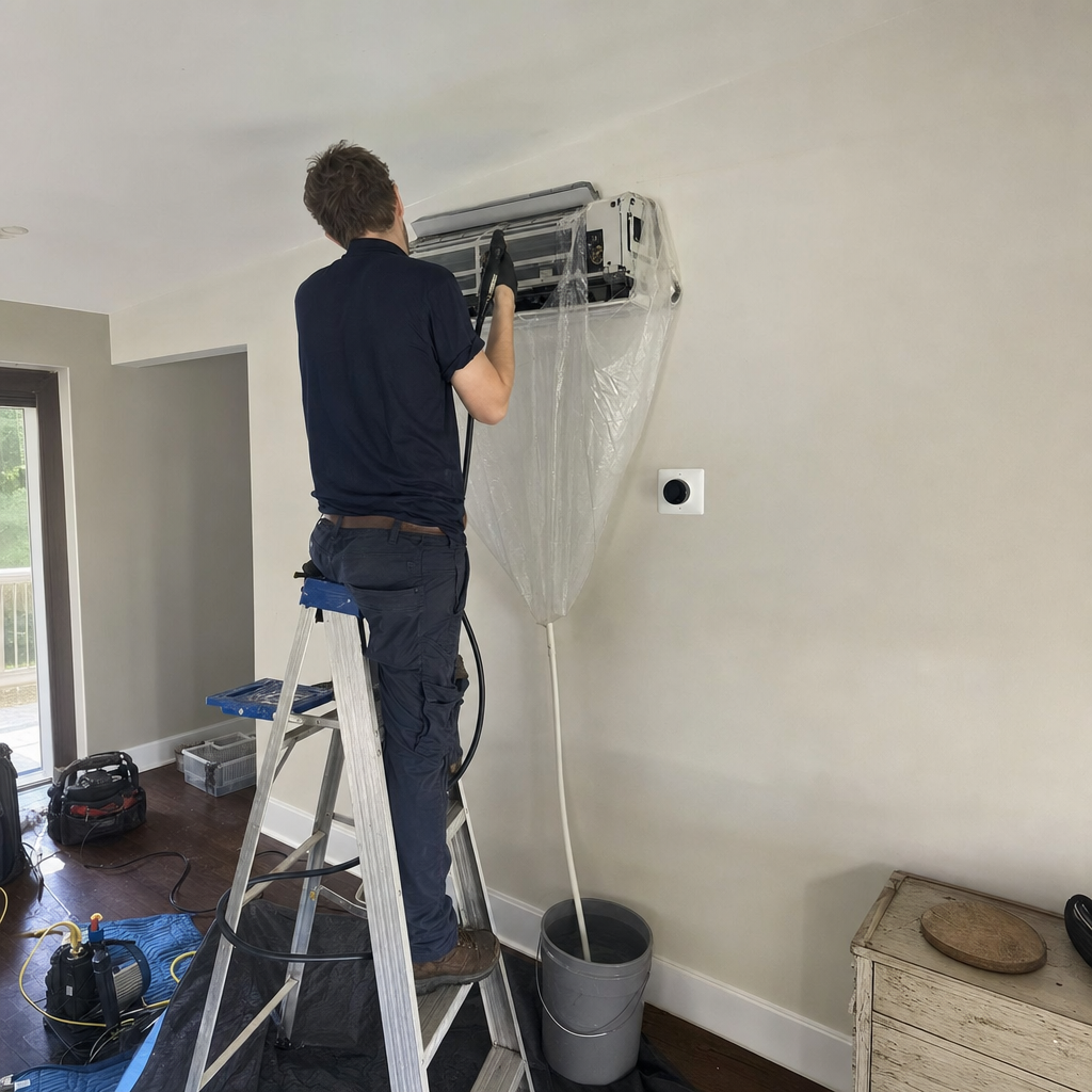 Technician performing professional wall-mounted indoor HVAC unit cleaning and maintenance