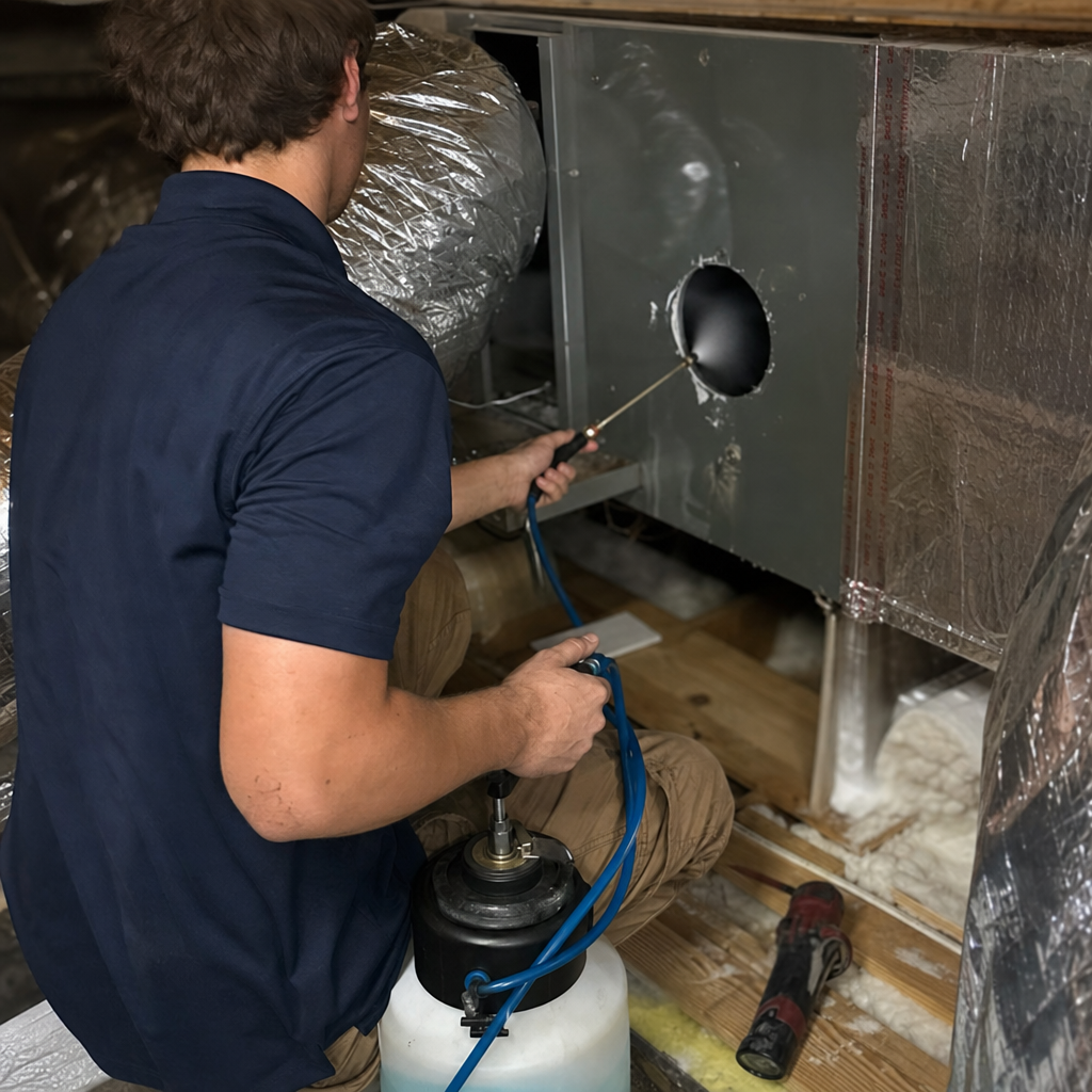 Technician performing professional air duct sanitization service in residential attic in Virginia, VA