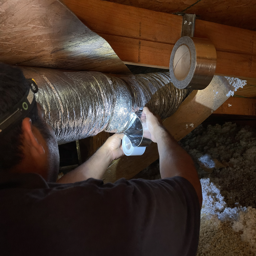 Technician sealing flexible HVAC air duct with silver foil tape in Smithfield, VA