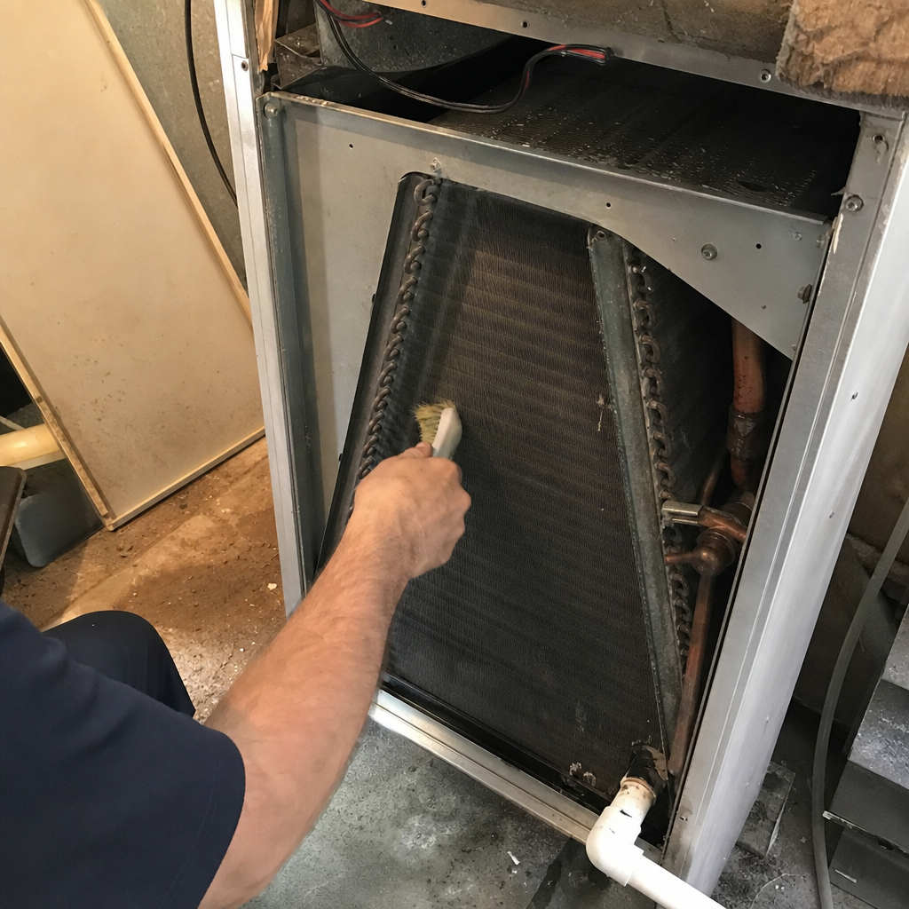 HVAC technician cleaning dusty internal air conditioner evaporator coils in Virginia, VA